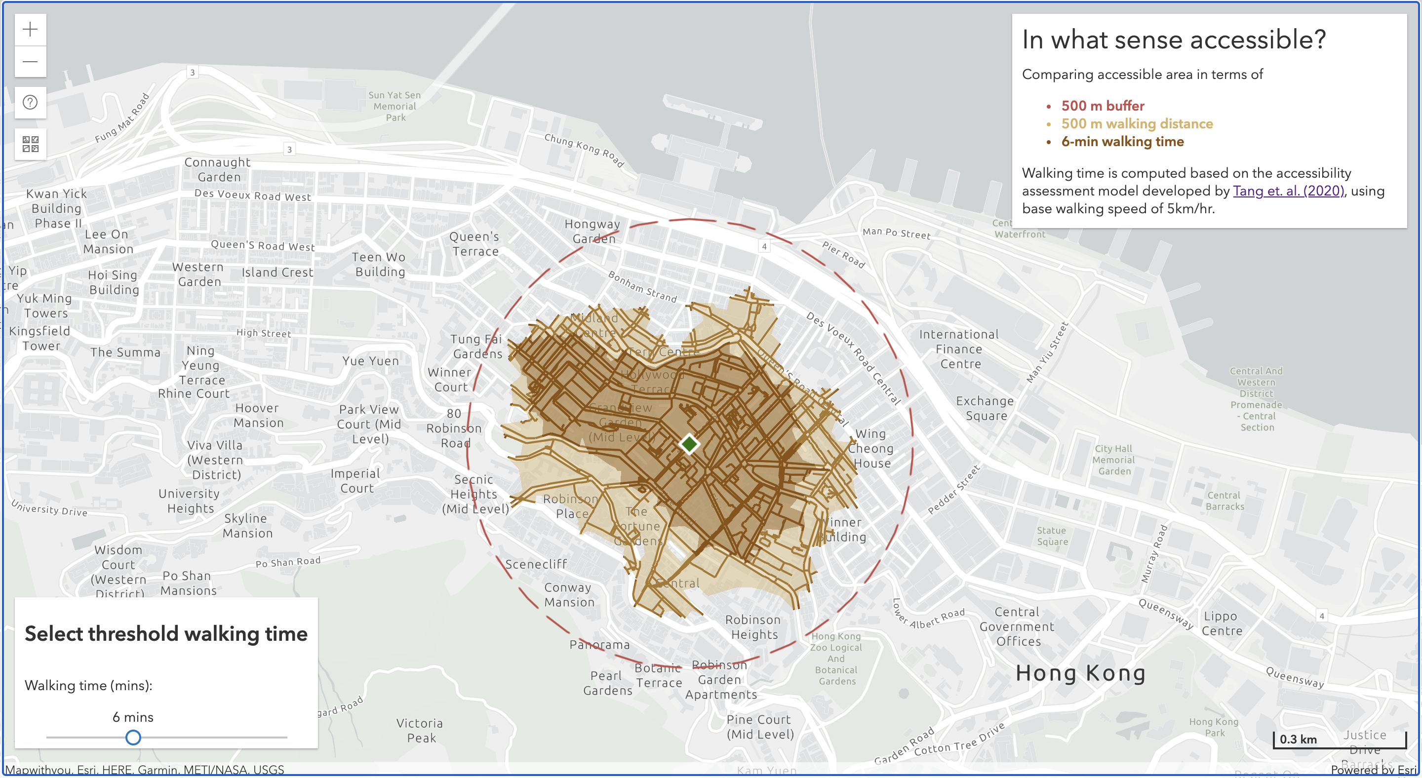 Web application view of comparing accessible area from PMQ using WAAT, 500m network distance and 500m buffer