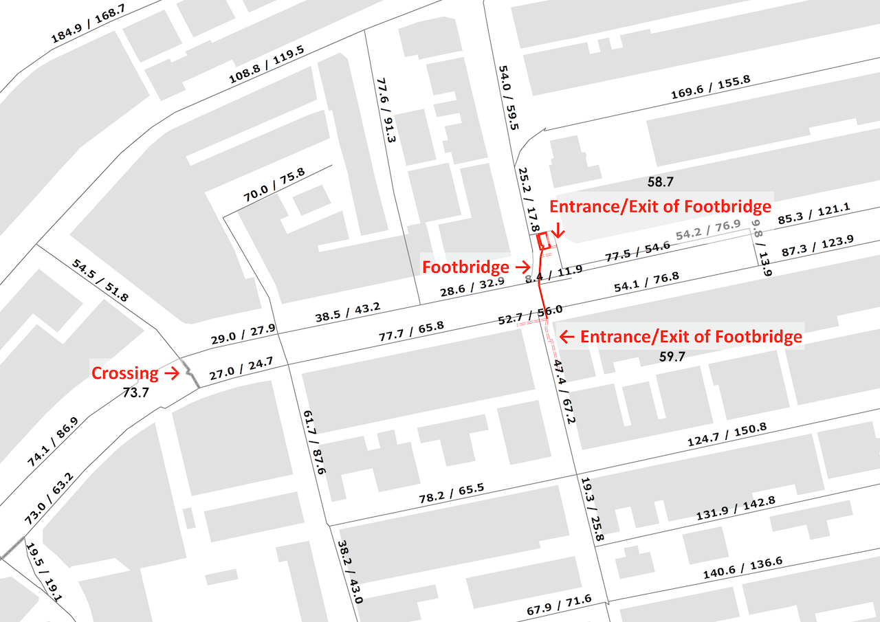 Bi-directional walking time of each path segment