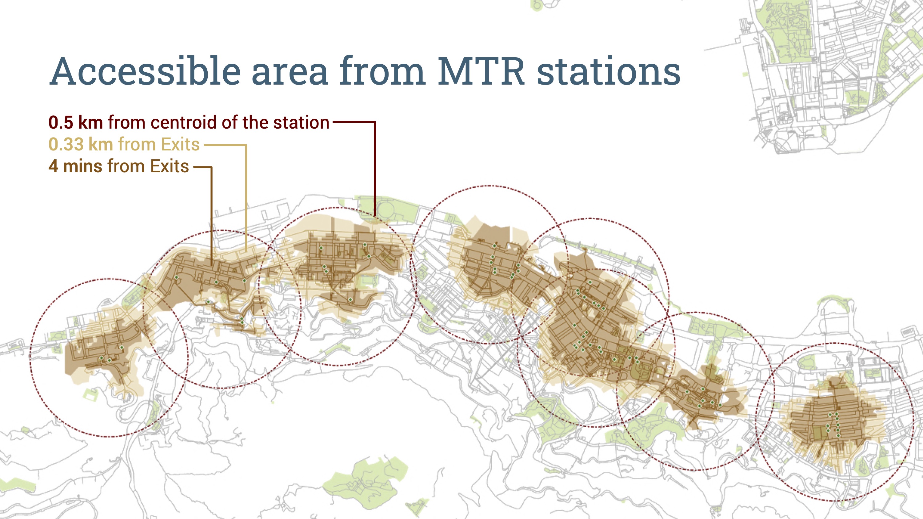 Comparing the reachable area from MTR station exits between WAAT and traditional methods